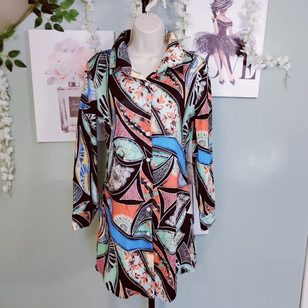 Women's Colorful Print Long Sleeve Button up Casual Long Shirt